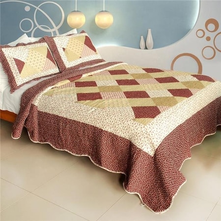 Sculpting In Time - 100 Percent Cotton  3 Pieces Vermicelli-Quilted Patchwork Quilt Set  Full & Queen Size - Brown